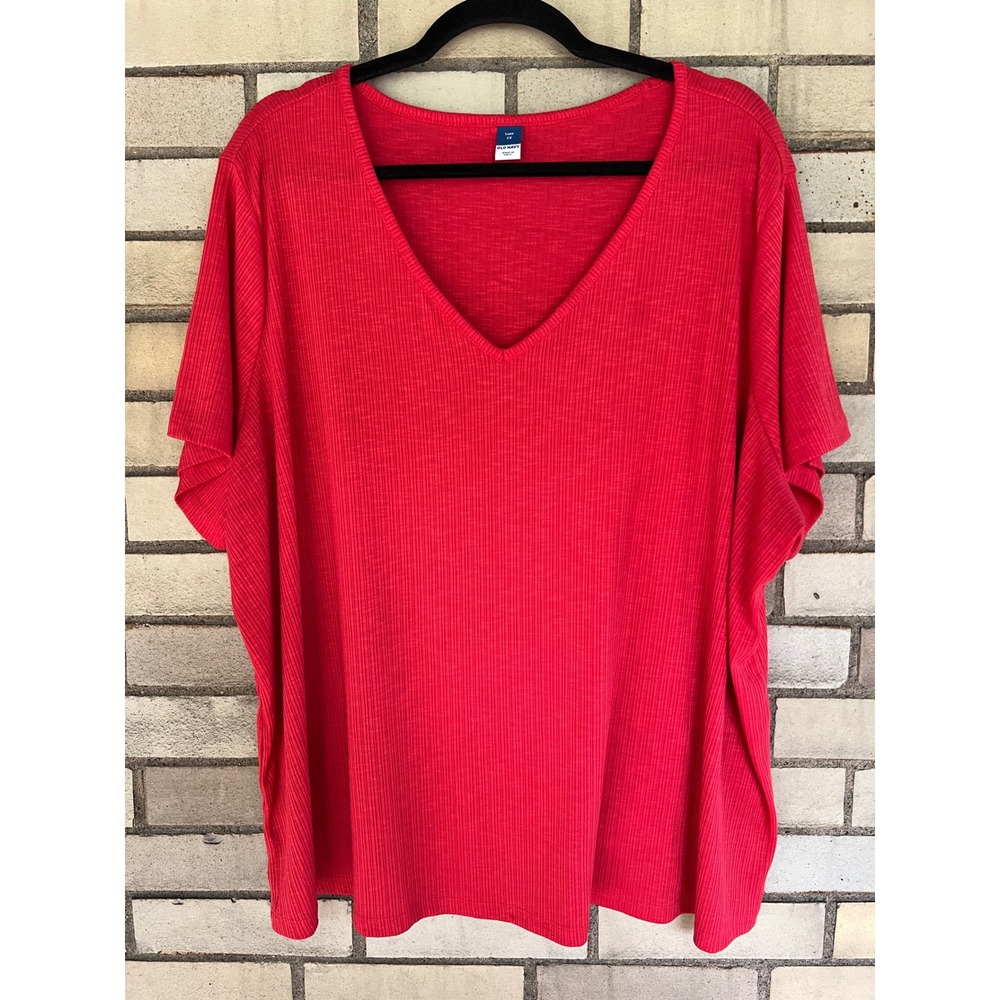 Old Navy Luxe Red Ribbed V-Neck Short Sleeve Top Size 2X Relaxed Stretchy